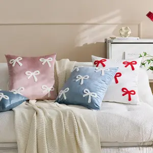 Bow Embroidered Throw Pillow Covers, Velvet Cushion Cases in Multiple Colors (Red/White/Pink/Blue/Gold), Cute Home Decor for Sofa, Bedroom, Ideal Gift for Girls & Women