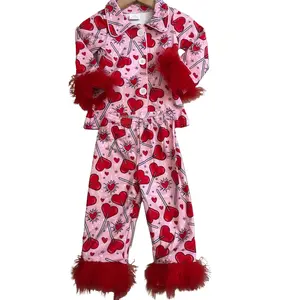 C Girl Valentines Day Clothing Red Fur Heart Pajamas Set Winter Outfit Sleep Wear GLP2266
