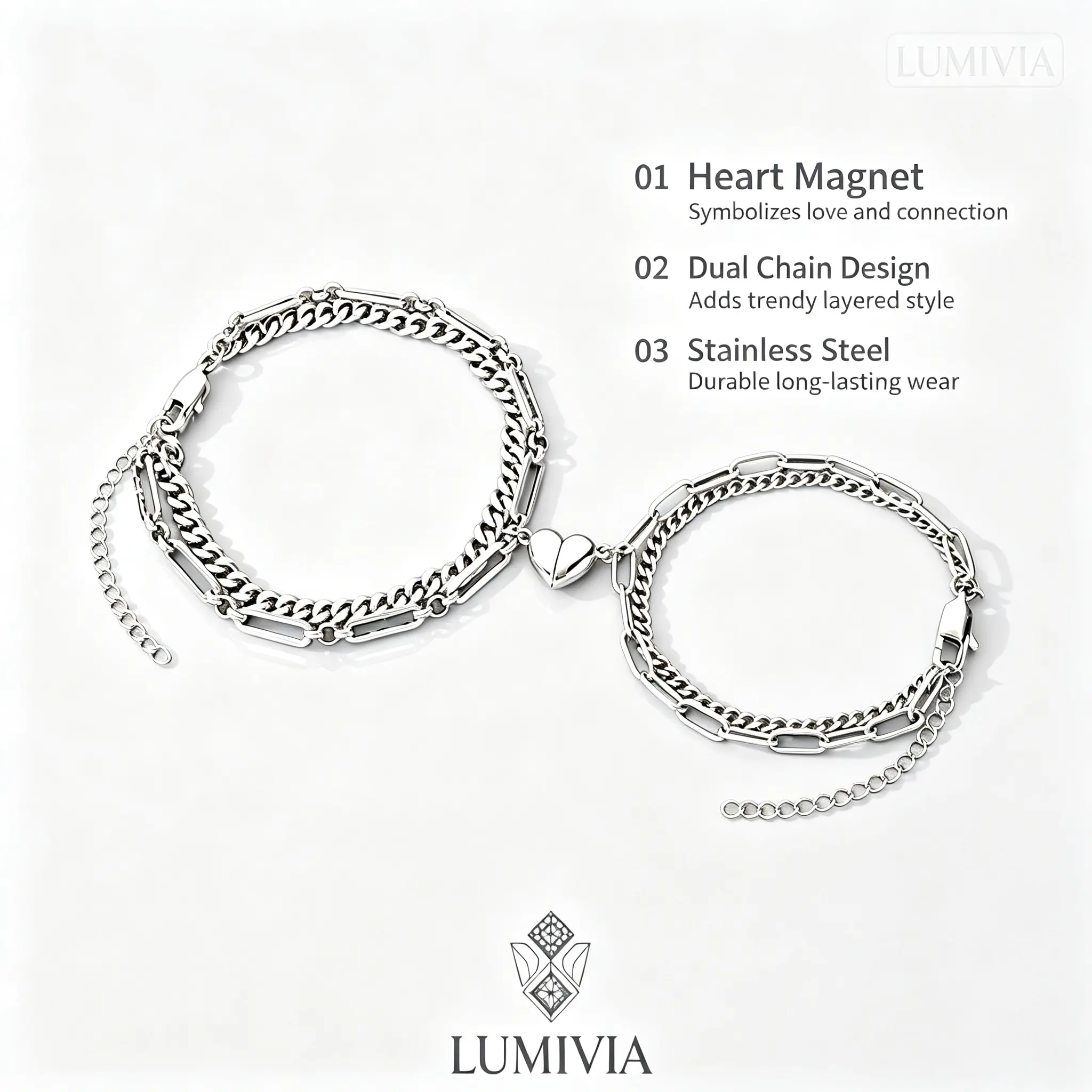 Romantic His and Hers Magnetic Clasp Heart Couple Bracelets & Bangles - Modern Fashion Metal Stainless Steel Double-Layer Stackable Hip-Hop Wrist Accessory Gift, Bangle, Trendy Gift, Romantic Couple Bracelets & Bangles