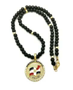 Dominican Republic Flag Medal Pendant & 8mm 18" 20" Wooden Wood Bead Necklace Chain Hip Hop Necklace Jewelry Unisex Men Women