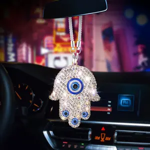 1Count of Fatima'S Hand Car Pendant, a Creative Handmade Rhinesne Car Rearview Mirror Ornament, Featuring an Evil Eye Crystal Sun Catcher And a Hamsa Hand Decoration for Car Interior. house decor