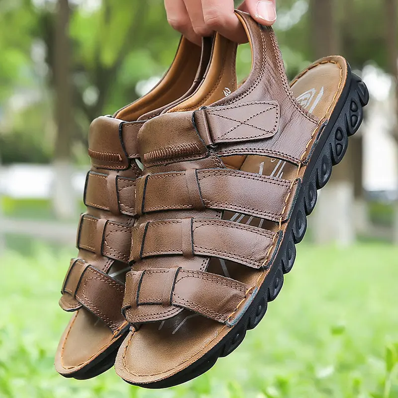 Men's Cloud Comfort Leather Sandals - Shock-Absorbing Non-Slip Sole, Open Toe, Breathable Stitch, Adjustable Hook-and-Loop Closure - Casual Walking Shoes for Beach Vacation, Everyday Use