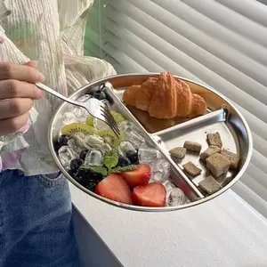 【4 Pack】304 Stainless Steel Plates, 4 Pack 304  Stainless Steel Divided Plates Stainless Steel Plate Portion Control Plates, Plates With Dividers Metal Plates For Camping, Picnic, Home,9"X 9"