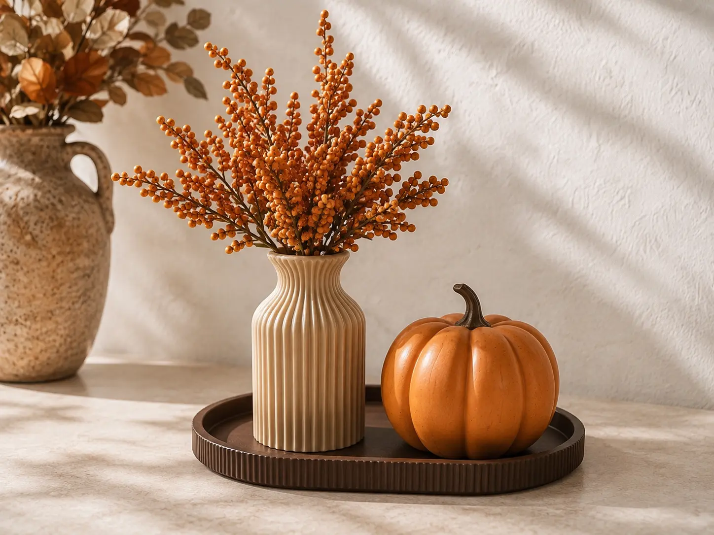 3-Piece Fall Decor Set – Tray, Pumpkin & Vase with Flowers
