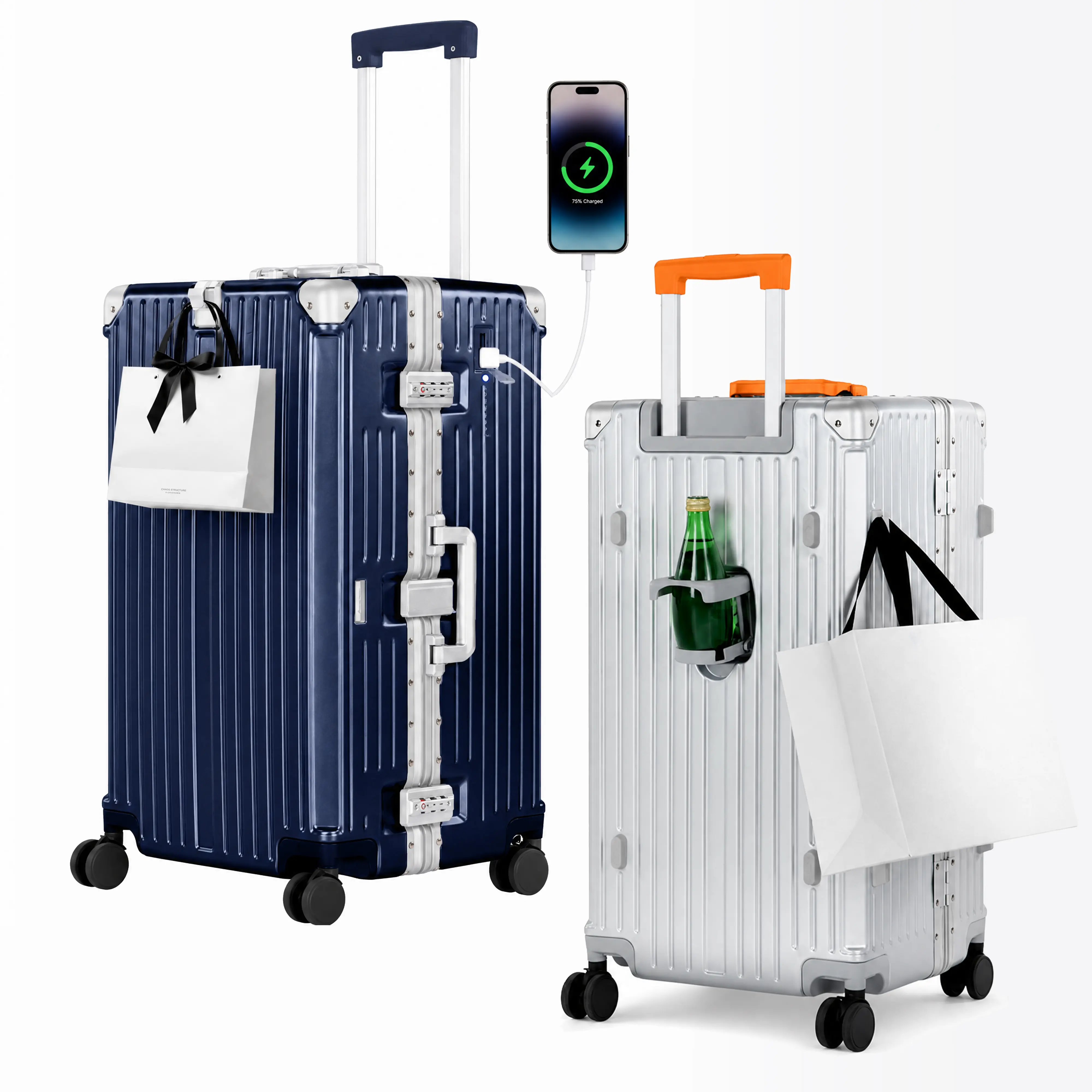 PHIVILLA 20/24/26/28/30 Inch  Luggage, Thickened Aluminum Frame Luggage with TSA Spinner Wheels, 3-Layer PC Hardside Zipperless Travel Suitcase with Type-C USB Charging Port, Cup Holder, Back to School