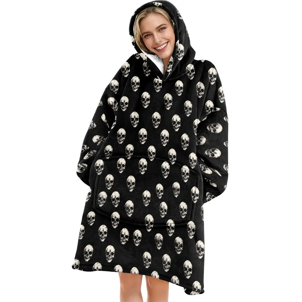 hoodie blanket，Wearable Blanket，Gothic Skull Print Hooded Blanket, Wearable Flannel Throw, Soft Warm Blanket for Sofa, Home Leisure, Air Conditioning, Camping Travel，Christmas Gift,Valentine's Day gift, Cozy Hooded Blanket