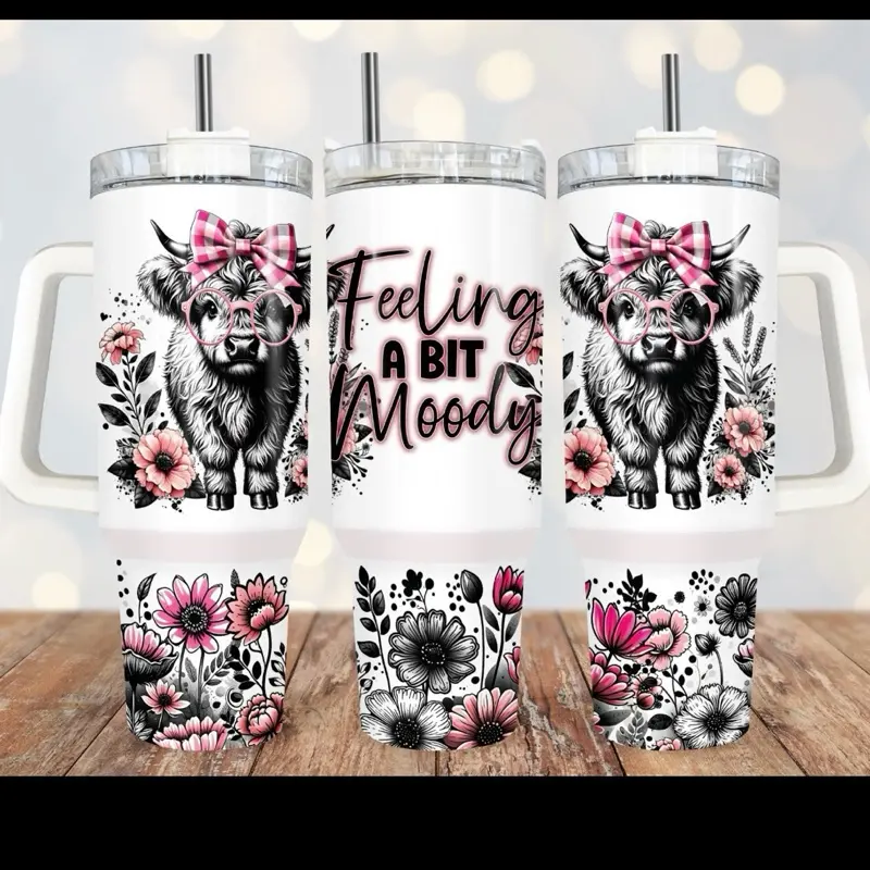 Highland Cow Moody Tumbler 40oz Stainless Steel Handmade Lid Straw Bottle Drinkware Water Bottles Cup Mug Portable Bottled Washable Reusable Insulated
