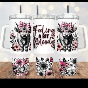 Highland Cow Moody Tumbler 40oz Stainless Steel Handmade Lid Straw Bottle Drinkware Water Bottles Cup Mug Portable Bottled Washable Reusable Insulated