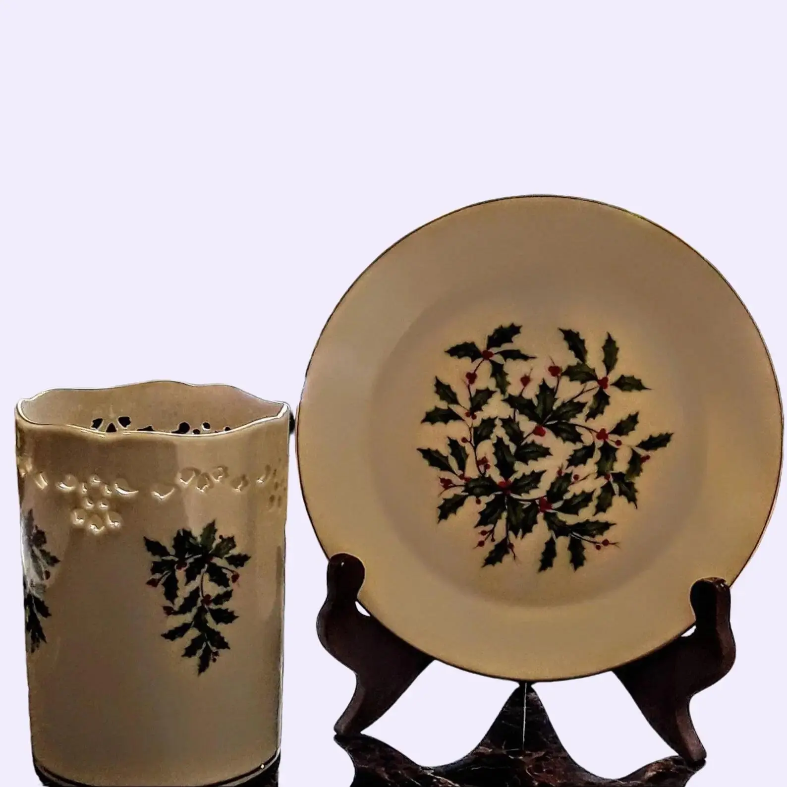 Vintage Lenox "Holiday" Pierced Candleholder (Dimension) and Cookie Plate (Presidential) -Holly - Ivory Porcelain with 22k Gold Trim Decor Set Gift Decoration Ornaments