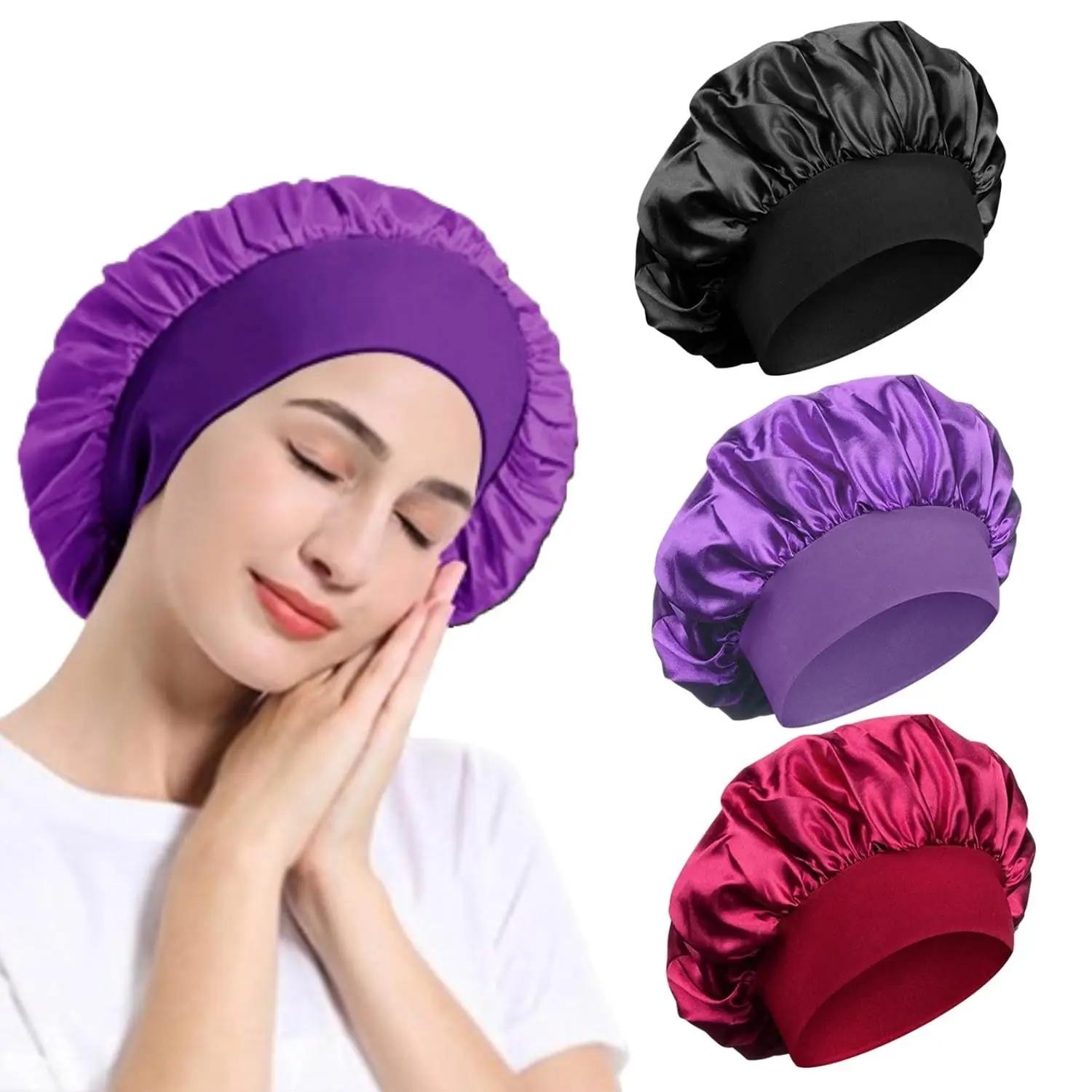 3 Pack Satin Bonnet, Night Sleep Caps with Wide Elastic Band, Silk Wrap, Soft  Cover Sleeping Hat for Women and Girls Curly Hair (Red,Black,Purple)