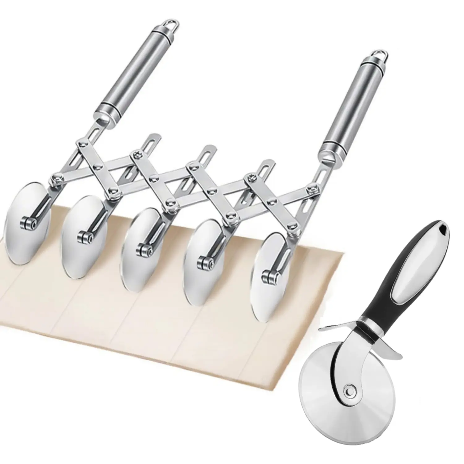 5 Wheel Pastry Cutter, Pizza Cutter Wheel, Stainless Steel Dough Cutter Wheel with Handle, Dual Fluted Ravioli Pasta Noodle Pizza Slicer, Expandable Round Pastry Knife, Versatile Cookie Dough Divider
