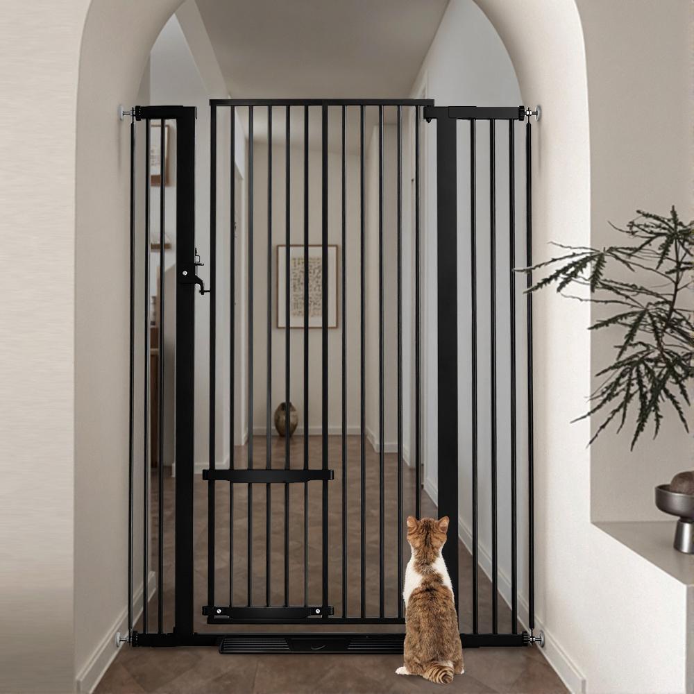 55.1" Extra Tall Pet Gate, 29.5-40.6" Extra Wide Cat Gate, With Adjustable Cat Door, Pressure Mounted Easy Walk Through Pet Gate with Door for Stairs, Doorways, Kitchen, Pet Gate, Black