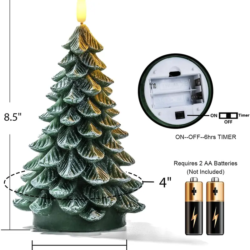 Homemory Classic Tree-Shape Flameless LED Candles, 2-Pack 8.5" Tree Décor Waxy Green Electric Candles with 6-Hour Timer, 4 Inches Thickest Battery-Operated for Cozy Little Christmas, Christmas Bedroom Decor, House Decor,home decor