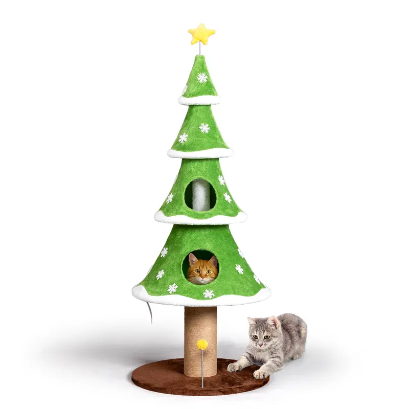 Rebuyhome 59in Large Tall Christmas Tree Cat Tower with 2 Cat Condos & Scratching Post, Soft Fleece Cat Tree with Teaser Toy & Sturdy Base & Built-in Openings for Indoor Cats, Green & White, Green, Pink