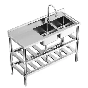 GARVEE Free Standing Commercial Kitchen Sink, Stainless Steel Utility Sink with Hot & Cold Hoses, Stainless Steel Double Bowl Utility Sink Set for Garage, Restaurant, Kitchen, Outdoor