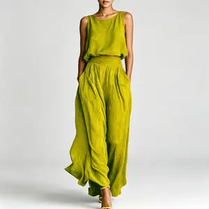 Women's 2-Piece Summer Lightweight Suits - Ruched Textured Sleeveless Cropped Drop-Shoulder Top & Waist-Cinching Drapey Wide-Leg Pants, Ideal for Beach Trips