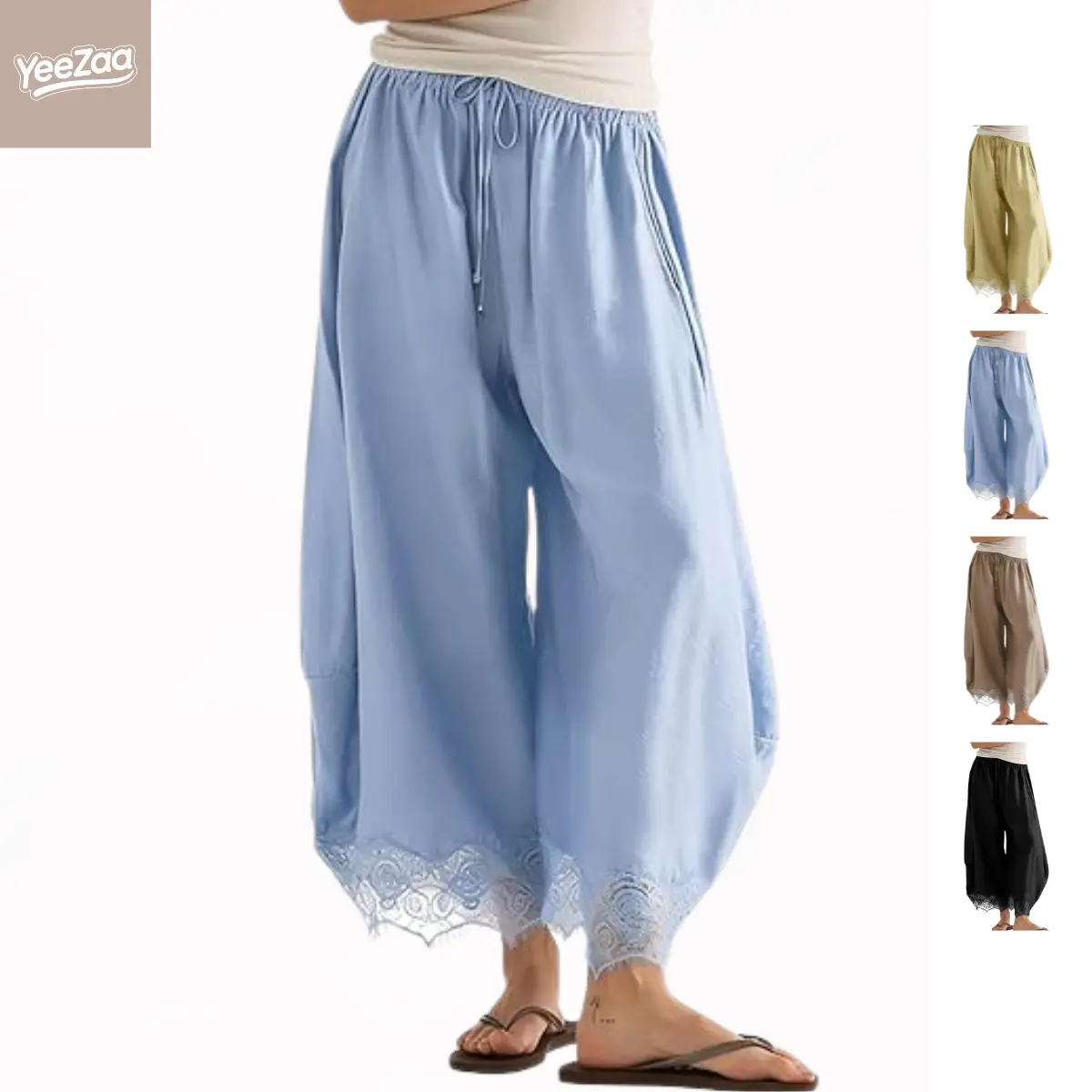 YeeZaa Lace Satin Pants Cropped Boho Beach Pant 2026 Summer Sale Fall Fashion Pants Drawstring High Waist Wide Leg Pants Summer Lightweight Lounge Trousers Casual Elastic Waisted Vacation Outfits with Pockets