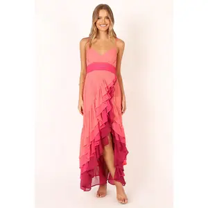 BomBon Tiered Maxi Dress - Coral Hot Pink