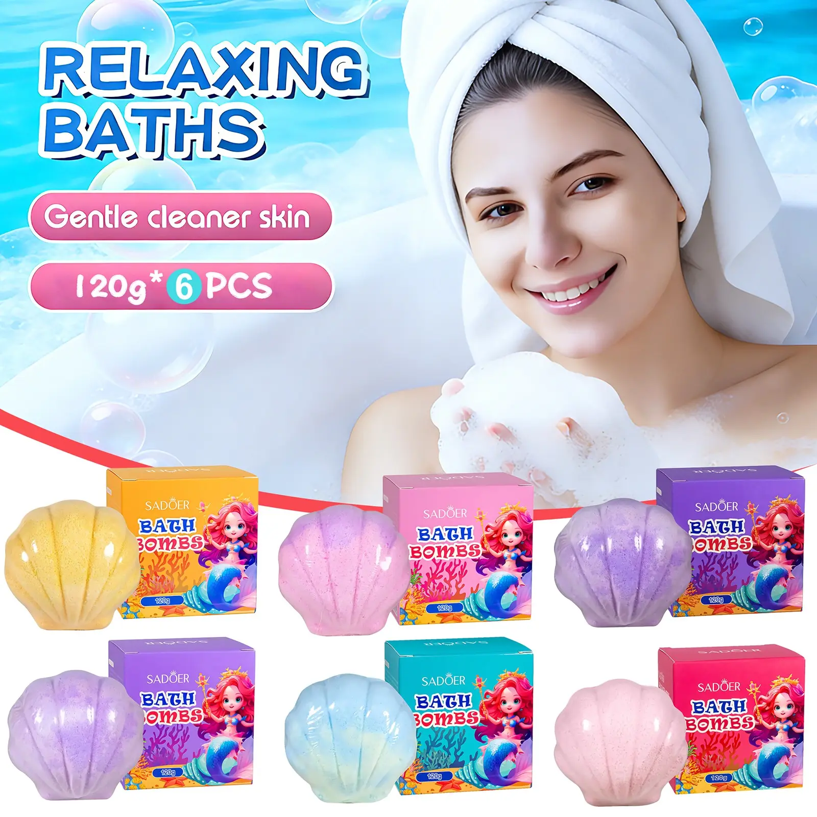 Shell Bath Salt Bomb Set, 6-Piece Shell-Shaped Bath Salts, Multiple Scents, Aroma, Cute Design, Dissolves in Water, Safe Ingredients, Perfect Gift