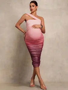 MaterniRIO Elegant Pink Ombre Maternity Dress - Sexy One Shoulder Gradient Bodycon Outfit for Baby Shower & Gender Reveal