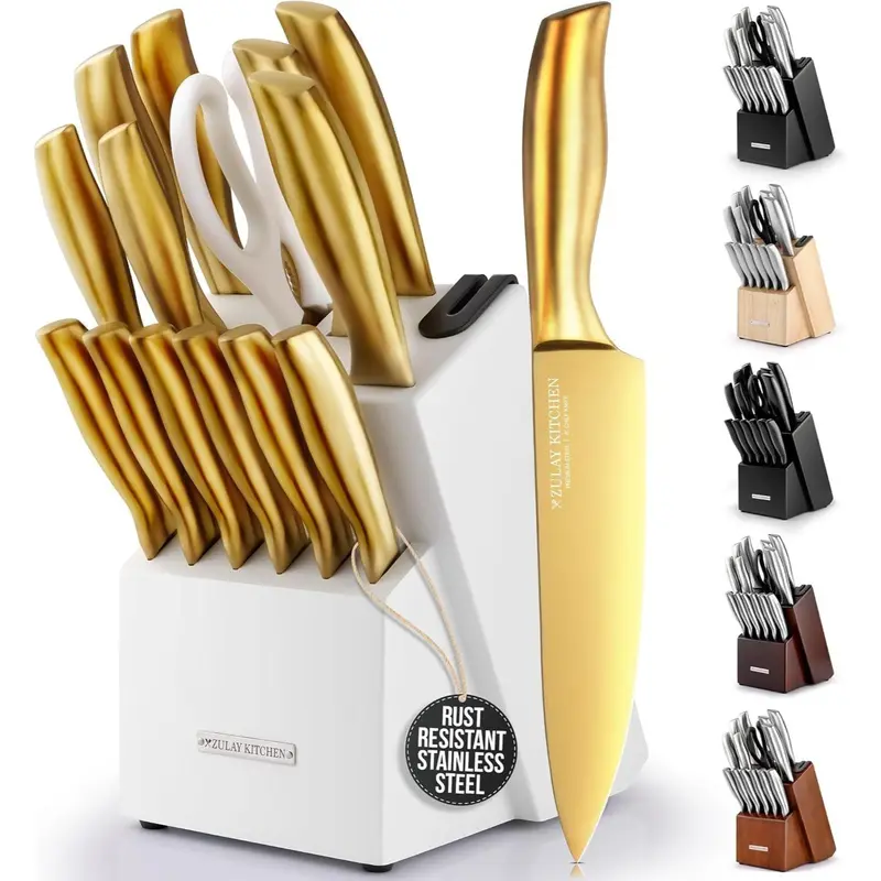 Knife Set with Block & Built-In Sharpener - 12 to 20 Piece Stainless Steel Kitchen Knife Sets with Chef, Steak, Santoku, Bread & Paring Knives, Rust-Proof, Ergonomic Handles