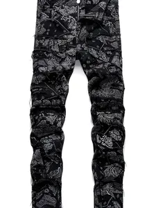 Men's Streetwear Denim Jeans Bundle - Slim Straight Stretch, Mid-Rise, Patchwork, Distressed Rips, YKK Zipper, Beige; Bandana Print Stacked Flare, All-Season Casual