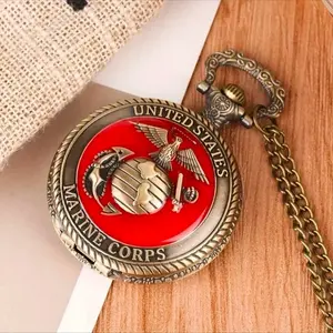 USMC Pocket Watch with Red Dial, Eagle Design, Chain, and "United States Marine Corps" Text