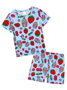 Girls' 2-Piece Short Sleeve Shorts Pajama Set, Strawberry & Ice Cream Print, Casual Soft Comfortable Homewear Sleepwear, Fruit Print Pajamas, Cartoon Print Pajama, Pastel Cute Pajamas, Cartoon Pattern Pajamas