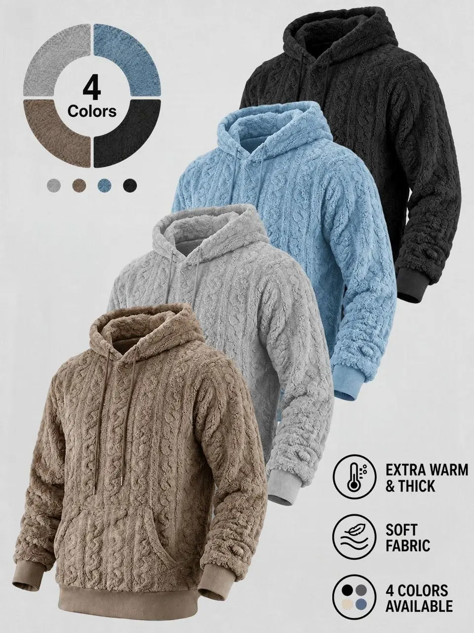 Men's Loose Fit Cable Knit Textured Fleece Pullover Hoodie - Warm Soft Plush Sweatshirt with Drawstring Hood, Kangaroo Pocket for Autumn Winter All-Day Comfort