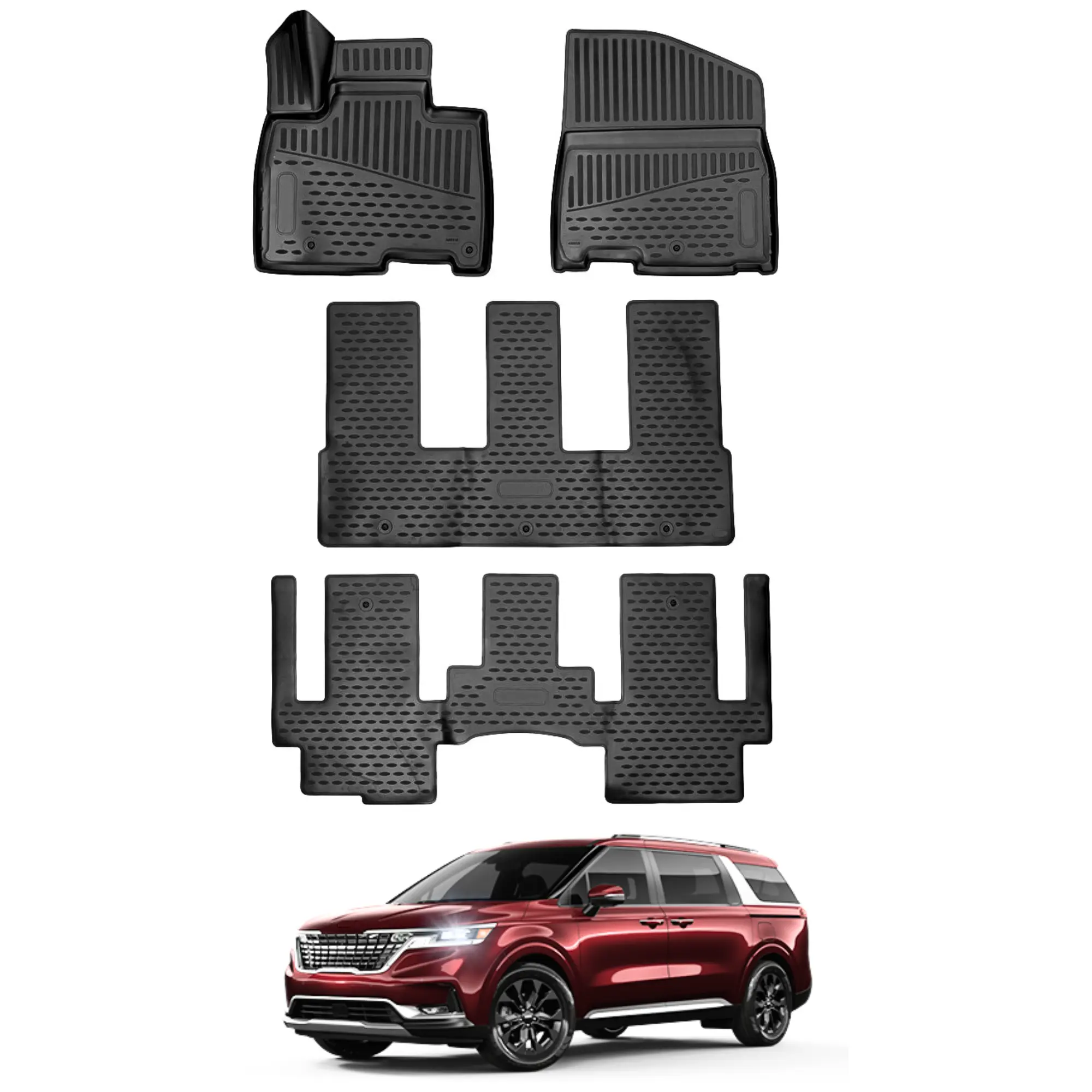 3D Custom Fit Floor Mats for 2022–2026 Kia Carnival, 8-Passenger Seating, All-Weather Rubber Floor Liners, Full Set, Black