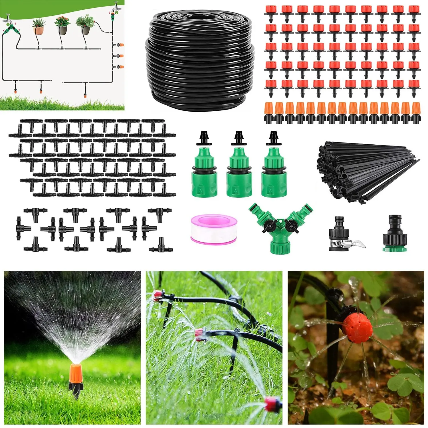 164 ft Drip Irrigation Kit, 65 Nozzles, 3-Zone, 215 sq ft