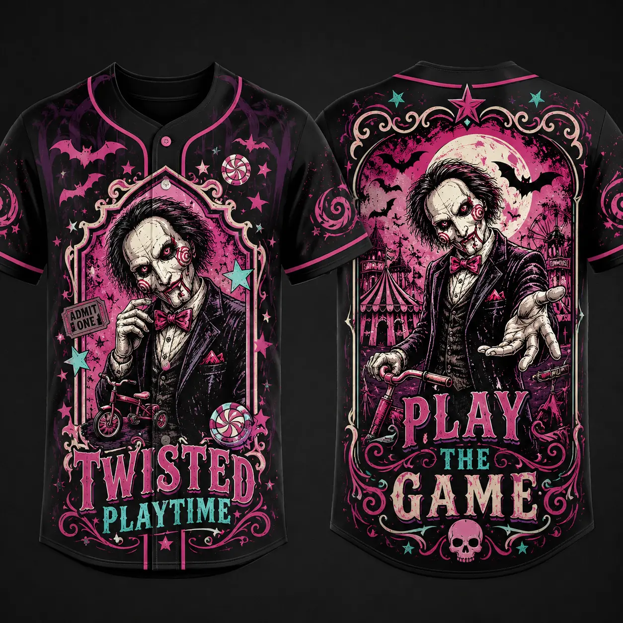 Twisted Playtime Creepy Puppet Full-Button Baseball Jersey, Pink Carnival Halloween Graphic Shirt, Spooky Game Night Unisex Outfit