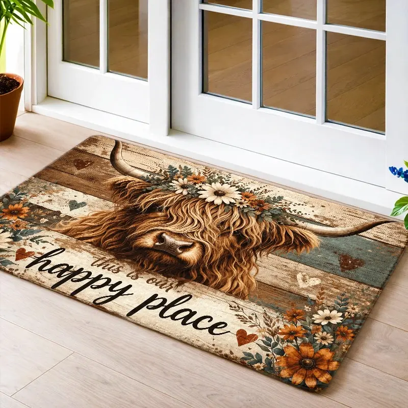Multi-Size Flannel Rustic Rectangle Retro Flower Highland Cow "This Is Our Happy Place" Entrance Door Mat - 1pc/2pc/3pc, Durable, Stain-Resistant, Machine-Washable Home Decor for Indoors, Front Porch