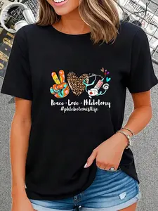 100% Cotton Peace Love Phlebotomy Syringe Leopard Phlebotomist Life T-Shirt Short Sleeve T-Shirt Women's Men's Graphic Tee Causal Tops