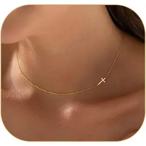Gold Cross Necklace for Women, Trendy 14K Gold Plated Charm Box Chain Choker Dainty, Christian Religious Faith Small Cross Pendant Necklace Non Tarnish