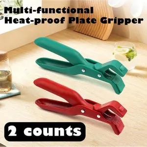 2-Count Silicone Hot Plate Gripper, Multi-Purpose Anti-Scald Kitchen Tool - Serves as Holder, Clip, Tongs, Clamp for Bowls, Plates, Pans, Hotpot Cookware (Red & Green)