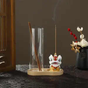 Chinese Style Lion Dance Design Incense Burner, Wooden Base Incense Holder, Home Decor Ornament, Creative Gift for Friend & Family, Freshener