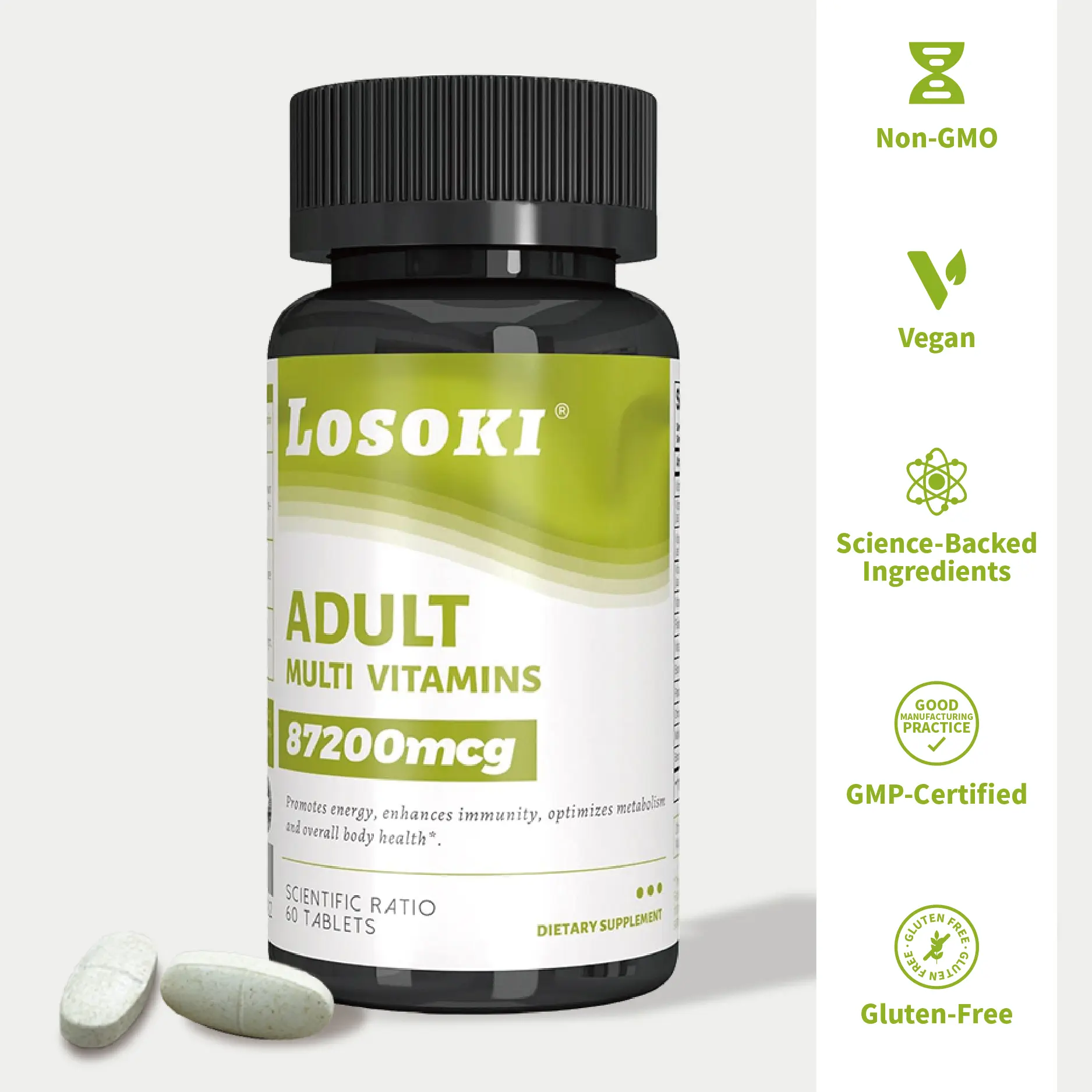 Losoki Adult Women's Multivitamin 87200mcg - Hair Growth Energy Immune Support with Biotin Vitamins A-E B12 60 Tablets for Healthy Hair Skin & Nails