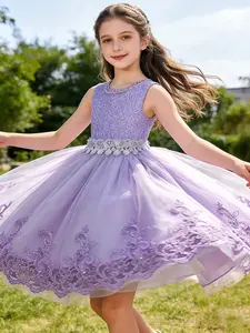 Girl's Floral Embroidery Beaded Bow Back Tulle Overlay Dress, Elegant Sleeveless Round Neck Dress for Party Wedding Guest, Kids Clothes for All Seasons, Embroidered Tulle Dress