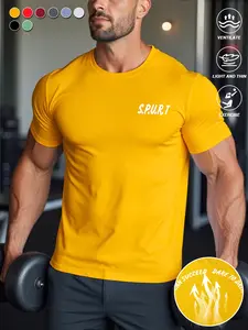 Men’s boyfriend-style athletic T-shirt with letter print, crew neck, short sleeves—breathable summer gym top made from a comfortable, skin-friendly fabric