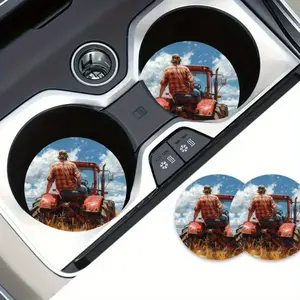 2pcs Farm Truck Design Car Cup Holders - 2.75" Round EVA Non-Slip Drink Holders with Vintage Tractor & Farmer Driver Photo Print, Rustic Country Style Vehicle Interior Accessories, Ideal Gift for Truck Drivers & Farm Enthusiasts, Truck Accessories Interio
