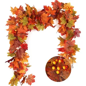 2 Pack Fall Garland Maple Leaves Outdoor Pieces Fall Hanging Vine Garland Autumn Foliage for Thanksgiving Dinner Christmas Halloween Fireplace Door Mantle Garden Fence Porch Arch Decor