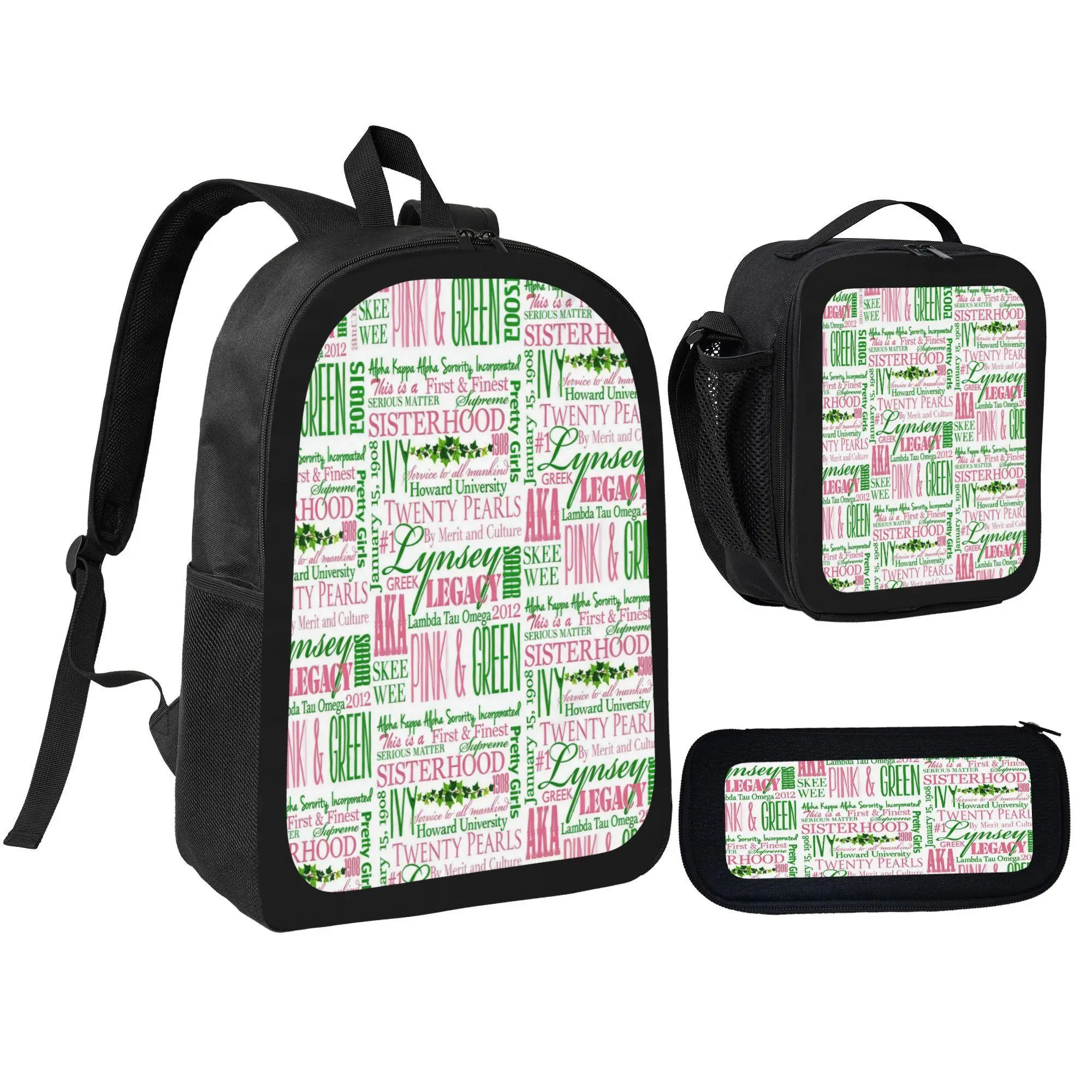 Girls' 3-Pcs Backpack Set Pack, Pink & Green Sorority Word Print School Bag Accessories with Lunch Bag & Pencil Pouch for Students, Girl, Polyester, Adjustable Strap