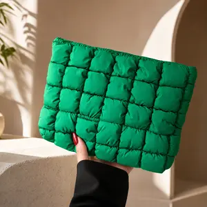 Trendy Puffer Clutch Bag, Quilted Padded Pouch for Everyday & Travel, Vibrant Green Soft Fabric Square Stitch Cosmetic Handbag for Essentials