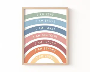 Rainbow Affirmations Wall Art, Affirmations for Kids, I am Kind Loved Brave Enough, Inspirational Nursery Wall art, Positive Affirmations