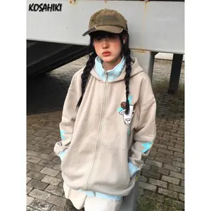 Harajuku Kawaii Cartoon Embroidery Hoodies Women  Aesthetic Grunge Loose Casual Sweatshirt Contrast Color  Patchwork Hoody