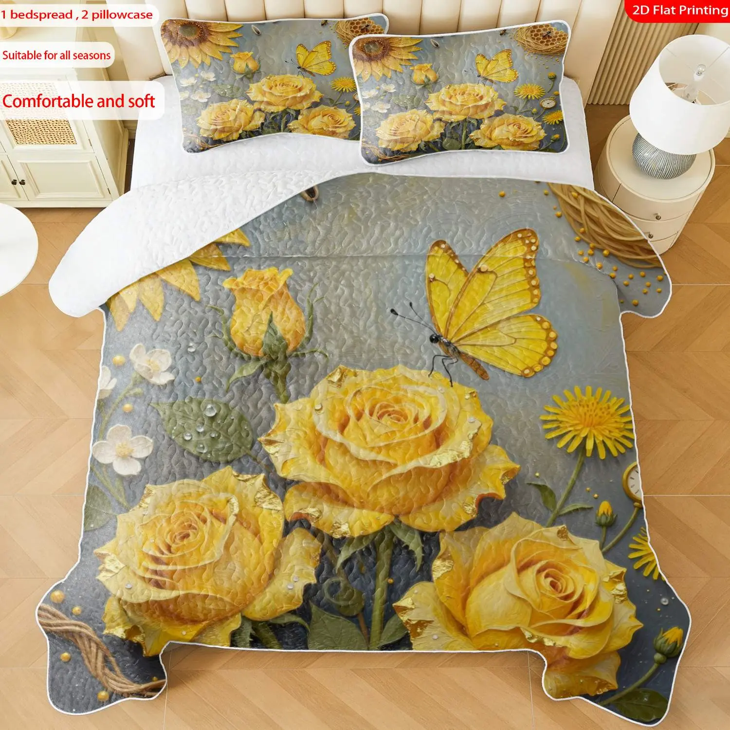 3pcs, 2D Flat Print Watercolor Style Bedspread Set with Sunflower & Butterfly Theme, Multiple Sizes Available, Bedding Set, Festive Decorative Bedding, Ideal for Bedroom Décor(1 bedspread , 2 pillowcase)