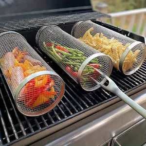 1pc, BBQ Rolling Grill Basket, Stainless Steel Grilled Cage, Round Stainless Steel BBQ Grill Mesh For Vegetable Fries Fish, BBQ Vegetable Slices Basket For Outdoor Picnic Camping, Grill Accessories, BBQ Accessaries