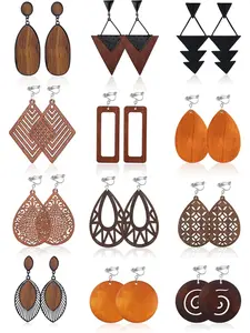 Colorful 12 Pairs Natural Wood Clip-On Earring Set for Women Men Distinctive African Tribal Influences Timeless Retro Ethnic Contours Eco-friendly Natural Lumber Dangle Drop Piece Unique Wood Texture Saturated Colorful Coating Eye-catching Artistic Look