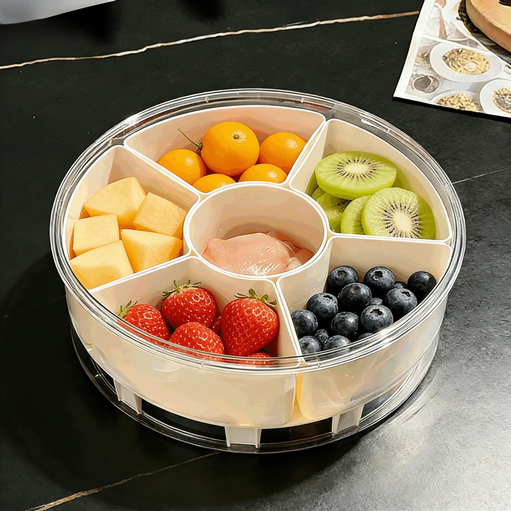 Rotating Plastic Storage Box, 1-Piece 6-Compartment Detachable Dustproof Organizer with Lid for Food Storage, Reusable Kitchen Gadgets, Plastic Storage Containers, 6-Compartments